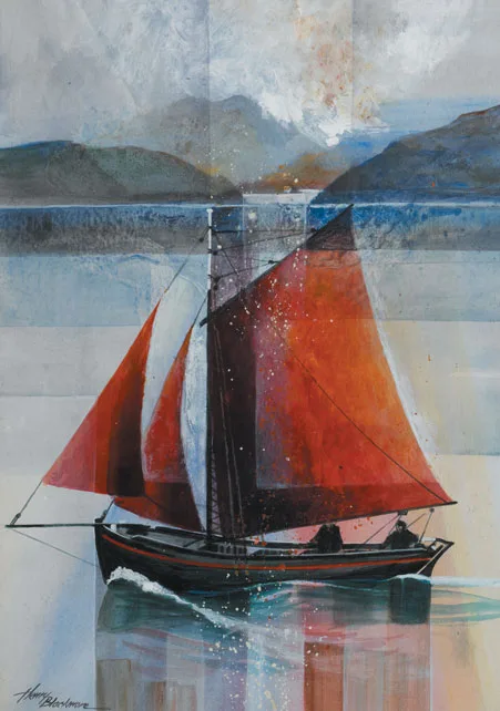 Henry Blackmore, SCHOONER WITH RED SAILS, watercolour with gouache on card