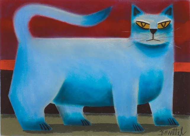 BLUE CAT by Graham Knuttel, pastel on buff coloured paper, sold May 2011