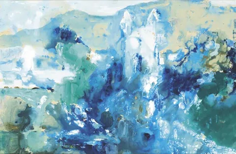 Eileen Costelloe, BLUE LANDSCAPE, gouache and oil on tinted paper