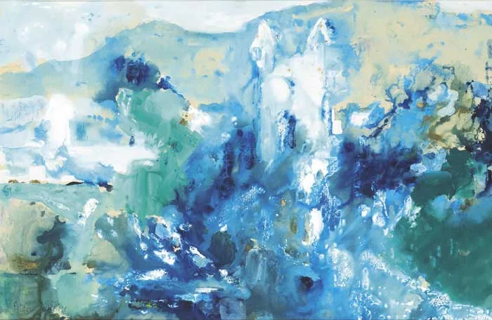 Eileen Costelloe, BLUE LANDSCAPE, gouache and oil on tinted paper