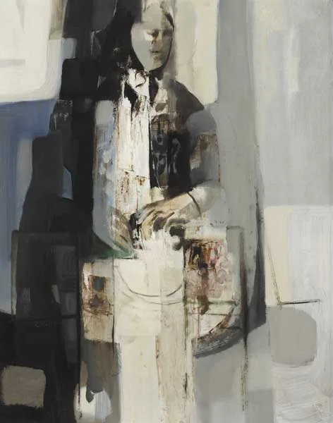 WOMAN WITH HEAD SCARF AND BAG by George Campbell, oil on board, sold Mar 2011