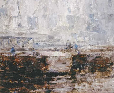 William Mason, FIGURES IN A BOAT YARD, oil on board