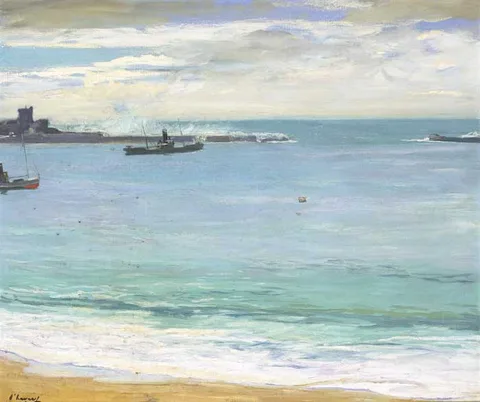 Sir John Lavery, STEAMERS IN THE HARBOUR, ST. JEAN DE LUZ, oil on canvas