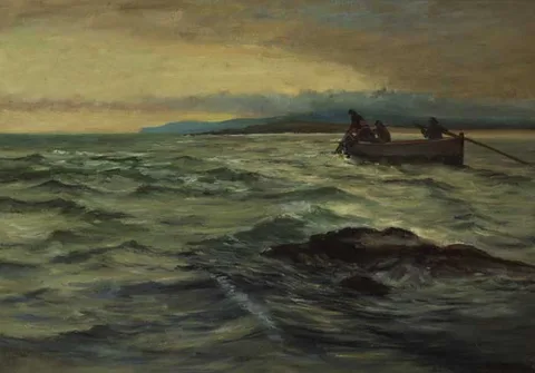 William Henry Bartlett, HAULING NETS AT DUSK, oil on canvas