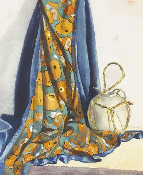 STILL LIFE WITH ORANGE-PATTERN CLOTH by John Luke, watercolour over pencil, sold Mar 2011