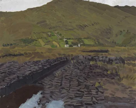Micheál de Burca, CUT TURF WITH COTTAGES, CONNEMARA, oil on canvas