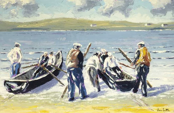 LAUNCHING CURRACHS, ARAN MOR, ARAN ISLANDS, COUNTY GALWAY by Ivan Sutton, oil on canvas board, sold Mar 2011