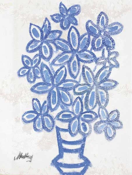 BLUE FLOWERS by Markey Robinson, oil and gouache on embossed wallpaper, sold Mar 2011