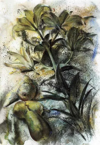 PEAR AND FLOWER FRAGMENT by John Keating, 1994, ink with watercolour, pastel and pencil on paper, sold Mar 2011