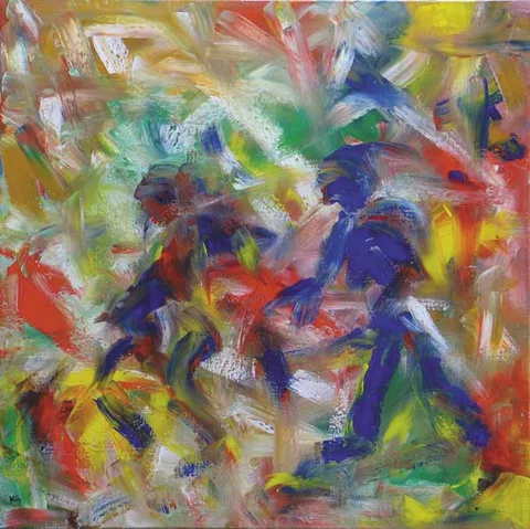 HOPI INDIANS - TWO FIGURES DANCING by Kevin Geary, 2004, acrylic on canvas, offered Mar 2011