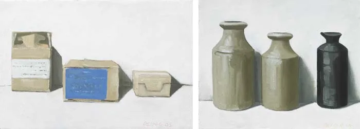 Mark Pepper, BOTTLES, 2004 and BOXES, 2005 (A PAIR), oil on paper