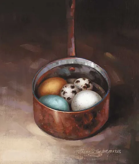 David Ffrench le Roy, DUCK EGGS IN COPPER POT, 2010, oil on board
