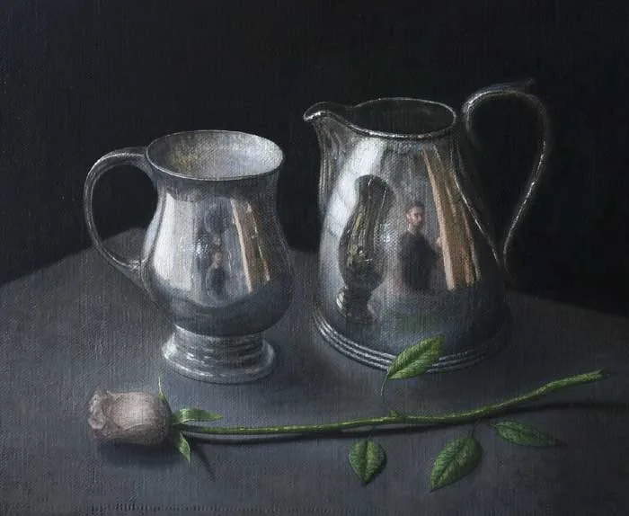 STILL LIFE WITH ROSE AND SILVER OBJECTS by Stuart Morle, 2011, oil on canvas board, sold Mar 2011