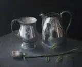 Stuart Morle, STILL LIFE WITH ROSE AND SILVER OBJECTS