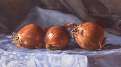 Therese McAllister, STILL LIFE WITH ONIONS, 1994, oil on canvas laid on board
