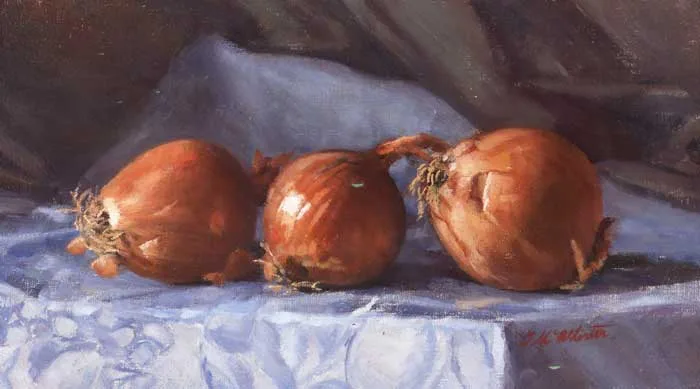STILL LIFE WITH ONIONS by Therese McAllister, 1994, oil on canvas laid on board, offered Mar 2011