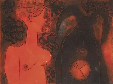 Alice Hanratty, WOMAN AND COW, 1970, etching (artist's proof)