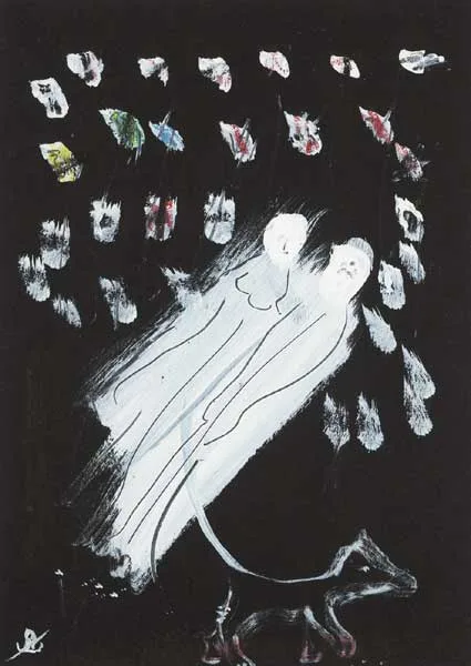 John Kingerlee, FLOATING FIGURES WITH DOG, gouache with pencil on black paper