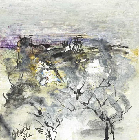 Gerald Davis, LANDSCAPE WITH THORNTREES, 1984, ink and acrylic on board