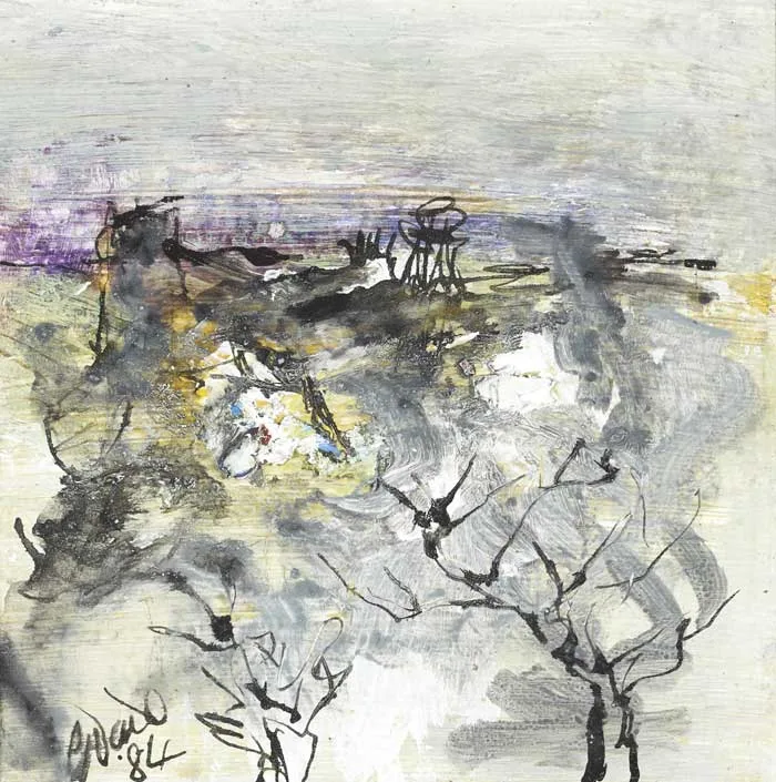LANDSCAPE WITH THORNTREES by Gerald Davis, 1984, ink and acrylic on board, sold Dec 2010