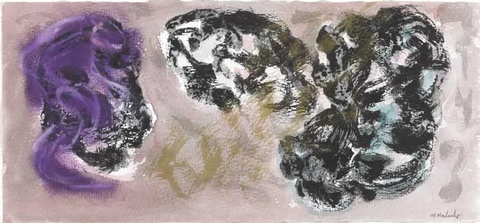 ABSTRACT HEADS by Michael Mulcahy, watercolour with ink and pastel on paper, offered Dec 2010
