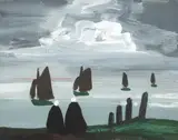 Markey Robinson, SHAWLIES BY THE SHORE WITH FOUR BOATS BEYOND