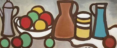 Markey Robinson, STILL LIFE WITH FRUIT AND JUGS, gouache on card