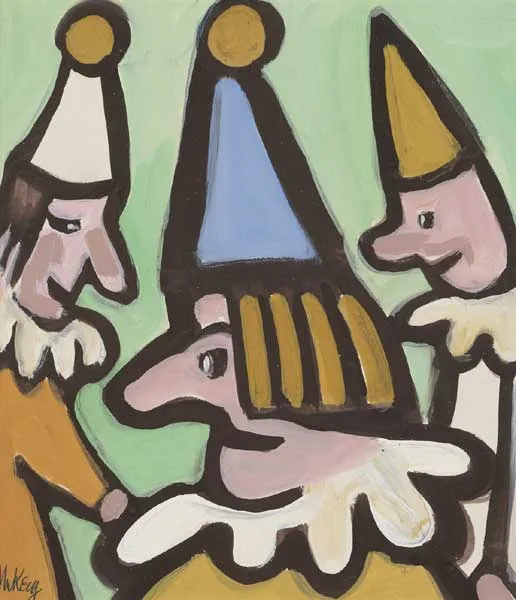 THREE CLOWNS by Markey Robinson, gouache on card, sold Dec 2010