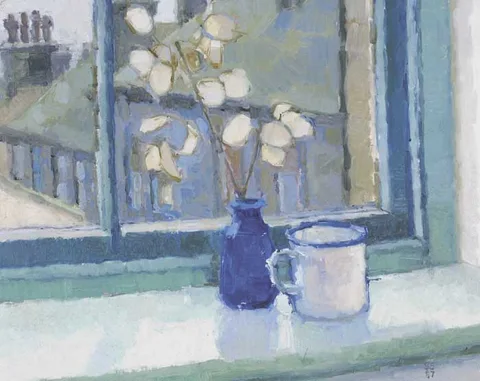 Sarah Spackman, HONESTY IN BLUE POT, 1987, oil on board