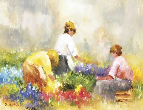 Elizabeth Brophy, THE FLOWER DISPLAY, oil on board