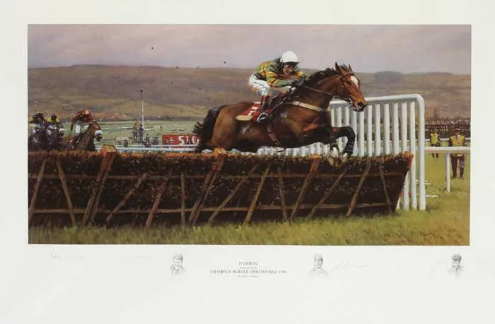 Peter Curling, ISTABRAQ [Charlie Swan] CHAMPION HURDLE, CHELTENHAM, 1998, colour lithograph (no. 840 from an edition of 950)