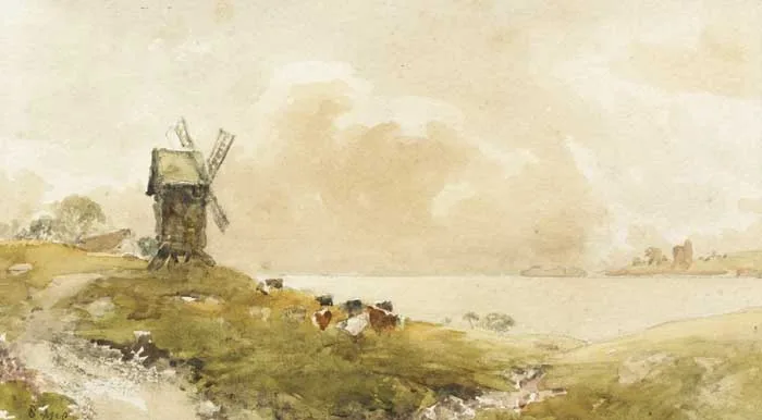 WINDMILL AND CATTLE GRAZING by William Bingham McGuinness, watercolour over pencil, offered Dec 2010