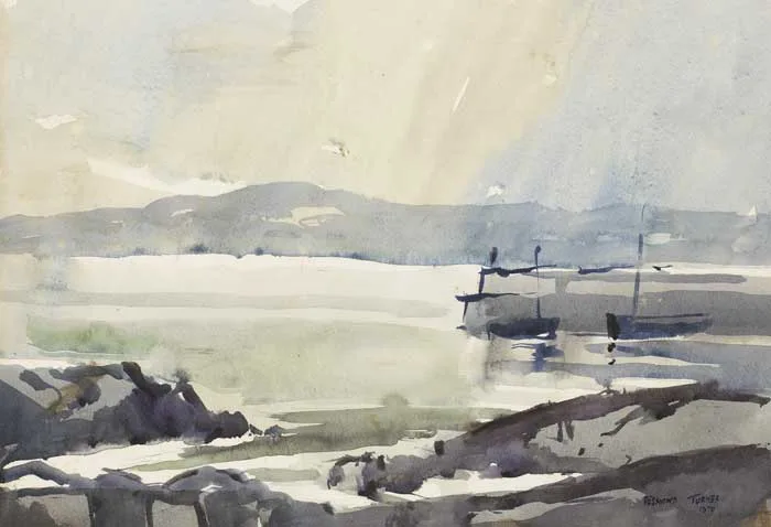 Desmond Turner, BOATS AT A PIER, 1970, watercolour
