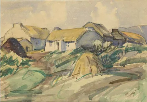 Marjorie Henry, COTTAGES AND HAYSTACKS, watercolour over pencil