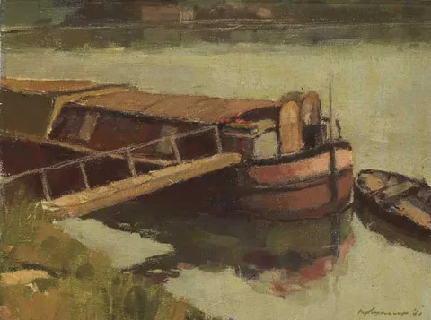 Edward Henry Molyneux, HOUSEBOAT ON THE SEINE, 1951, oil on canvas