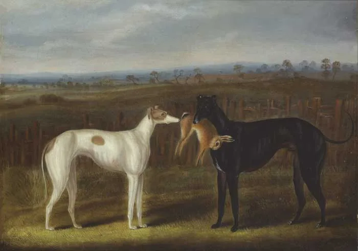 PAIR OF GREYHOUNDS WITH A HARE by Samuel Spode, oil on canvas, sold Dec 2010