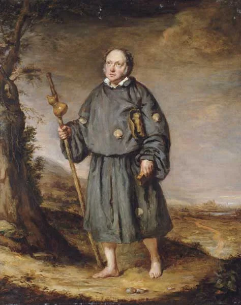 Edward Leahy, PORTRAIT OF A GENTLEMAN AS A PILGRIM, ON A TRACK, HOLDING A STAFF WITH A GOURD AND A BIBLE, 1836, oil on canvas