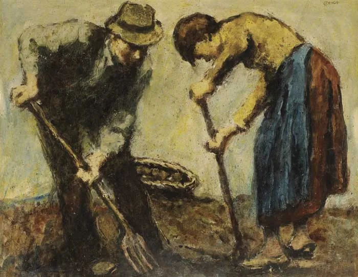 William Conor, DIGGING POTATOES, crayon with watercolour on paper