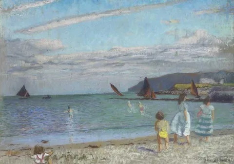 Patrick Leonard, BOATS OFF-SHORE, JUNE, 1949, pastel on tinted paper