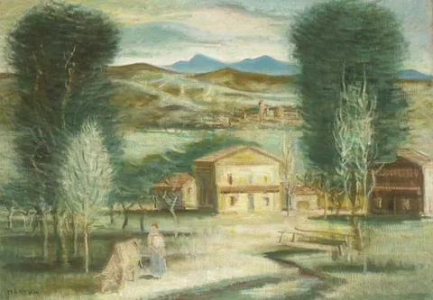 Hazel Lavery, FARMYARD IN FRANCE, oil on canvas
