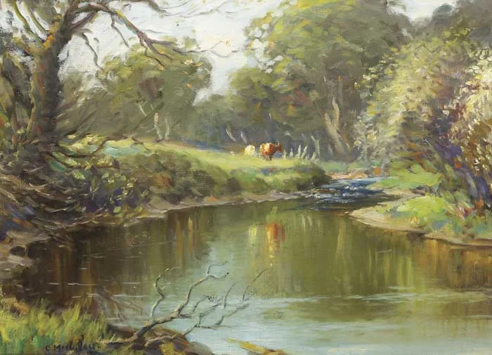 CATTLE BY A RIVER by Charles McAuley, oil on canvas, sold Nov 2010