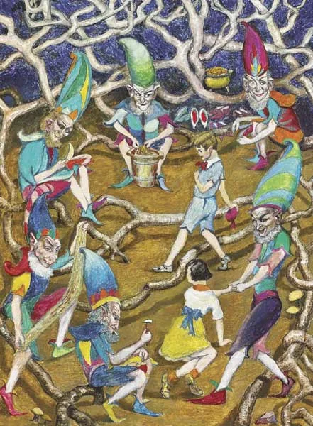 "GOD BLESS THE WORK", SAID HE POLITELY, FROM THE JAMES STEPHEN'S CROCK OF GOLD by Harry Kernoff, 1966, oil over pencil on board, offered Nov 2010