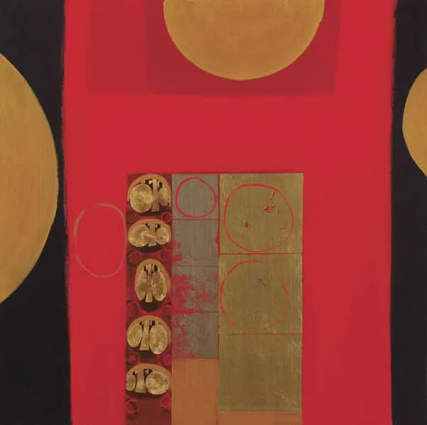 RED FIGURES by Brian Ferran, 2002, acrylic, gold and metal leaf on canvas, offered Nov 2010