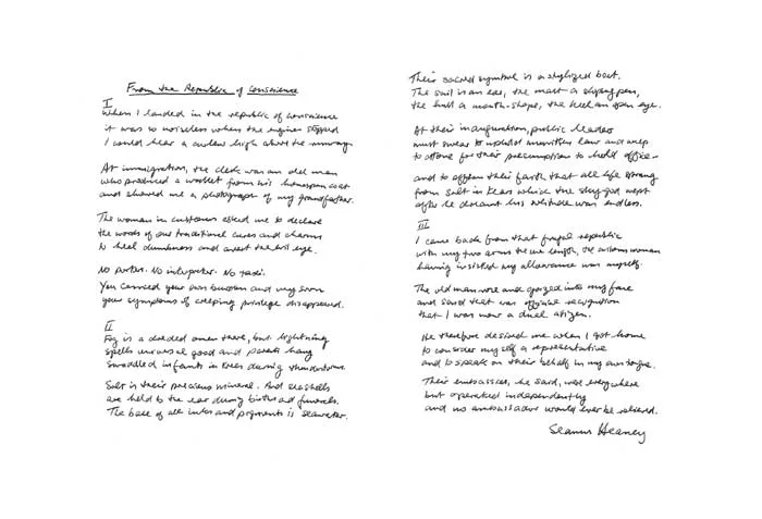 Seamus Heaney, FROM THE REPUBLIC OF CONSCIENCE, 2009, handwritten poem on two folios (framed and mounted)