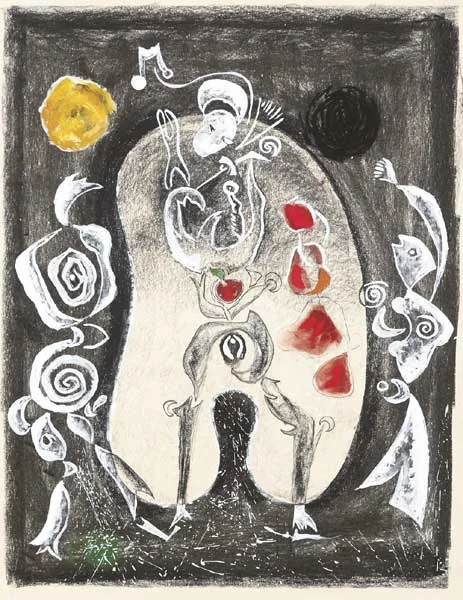 David Clarke, FIDDLER OF DOONEY PLAYS FOR ADAM AND EVE, pen and ink with charcoal, oil pastel and gouache on paper