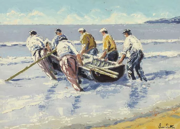 LAUNCHING THE CURRAGH, ARAN MOR, ARAN ISLANDS, COUNTY GALWAY by Ivan Sutton, oil on canvas board, sold Nov 2010
