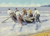Ivan Sutton, LAUNCHING THE CURRAGH, ARAN MOR, ARAN ISLANDS, COUNTY GALWAY