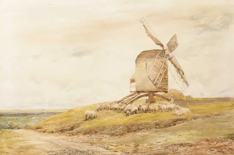 Claude Hayes, WINDMILL AND SHEEP, watercolour