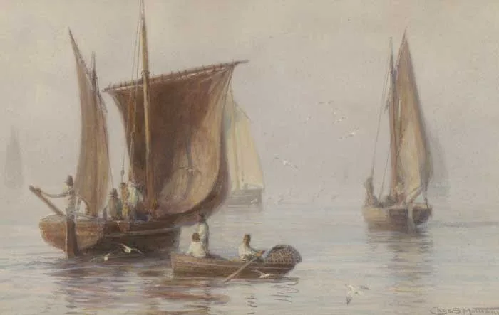 Charles Mottram, FISHING BOATS IN CALM WATERS, watercolour