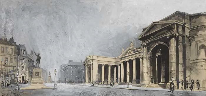 Joseph Pennell, THE BANK OF IRELAND (COLLEGE GREEN), DUBLIN, 1883, pen and ink with gouache on paper